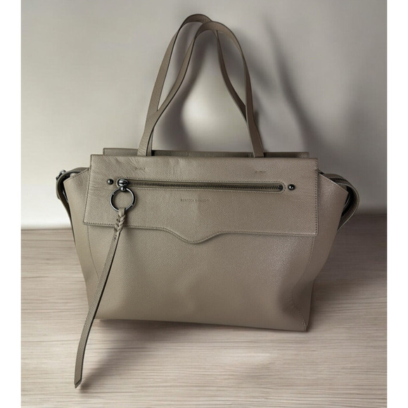 Rebecca Minkoff Gabby Leather Satchel Tote Large Shoulder Bag Beige Clean Lined - Picture 3 of 16